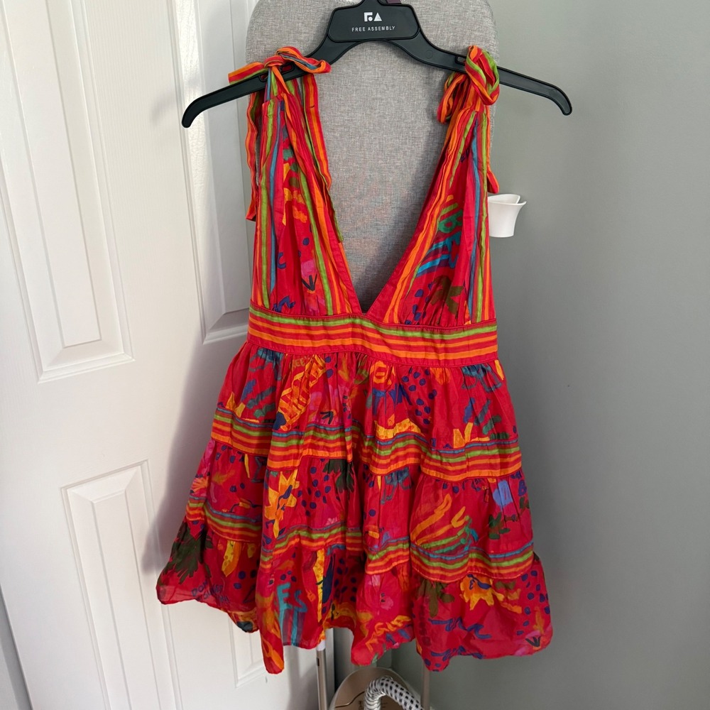 FARM Rio Red Good Vibes Mini Dress M Tropical Bird Linen Blend Resort NWT